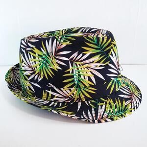 Men’s Tropical Fedora Hat Black & Green Palm Print Lg 7 1/4